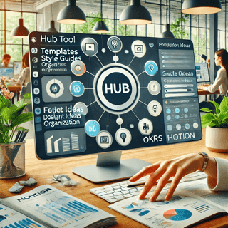 Office desk with a large computer screen displaying complex hub tool interface, surrounded by documents and plants.