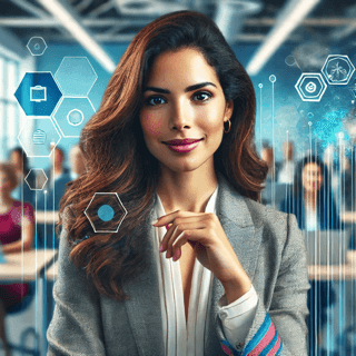 Woman in business attire standing confidently in a futuristic office with digital interface elements around her.