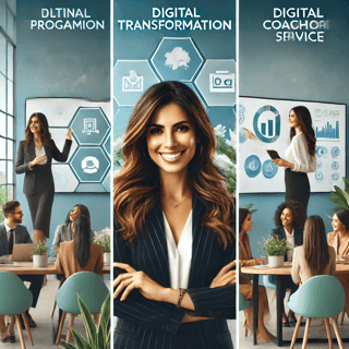 Three-part image with businessmen and businesswomen presenting digital programs and strategies in a modern office environment.