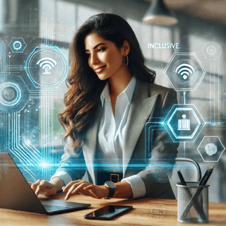 Woman in a business suit working on a laptop with digital icons displaying various technology symbols around her.