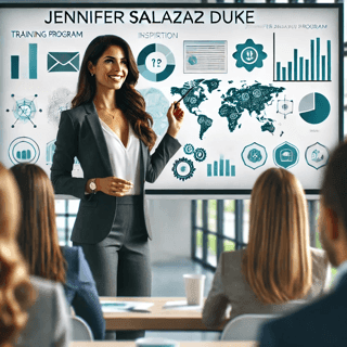 A woman in a suit presents business charts and graphs to an audience in a modern seminar room.