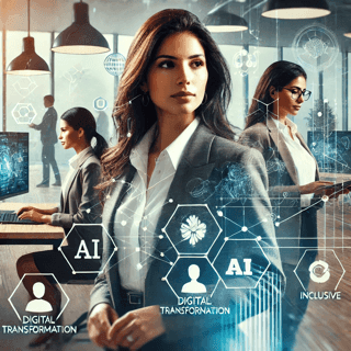 Group of professionals in an office environment with digital transformation and AI icons overlaid on the image.